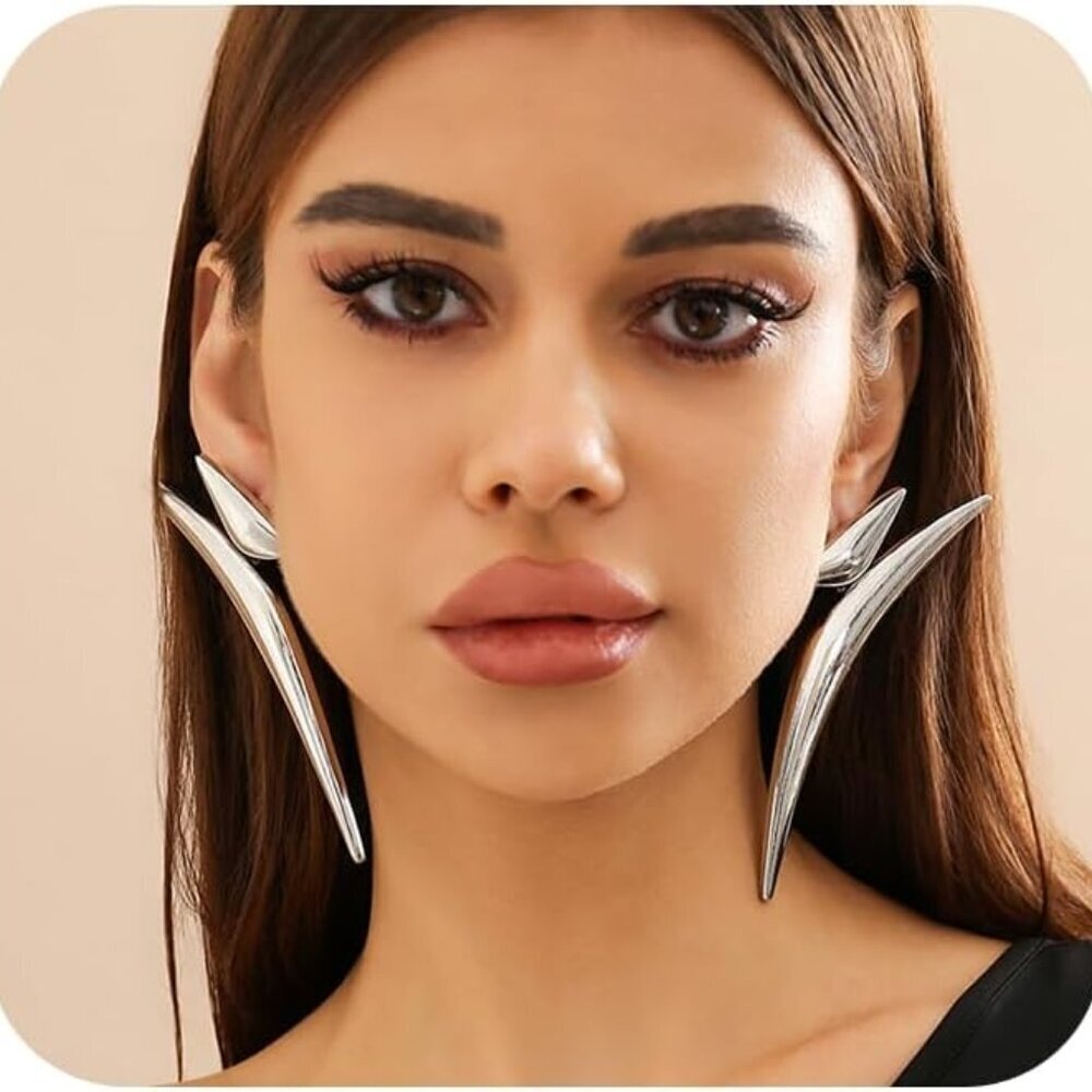 Large Silver Dangle Earrings Big Irregular Retro … - image 1